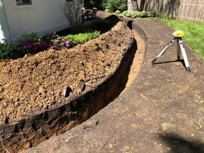Landscape drainage construction process in a garden surrounded by dirt that has been dug out