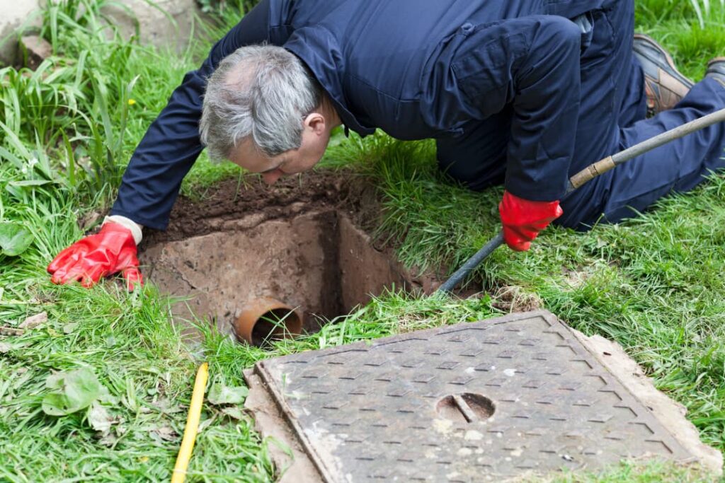 A drainage expert unblocking a drain in a yard