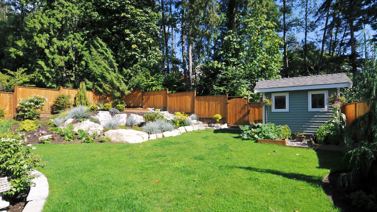 A nicely landscaped backyard