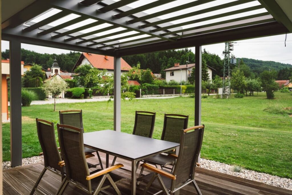 An outdoor garden dining area setup