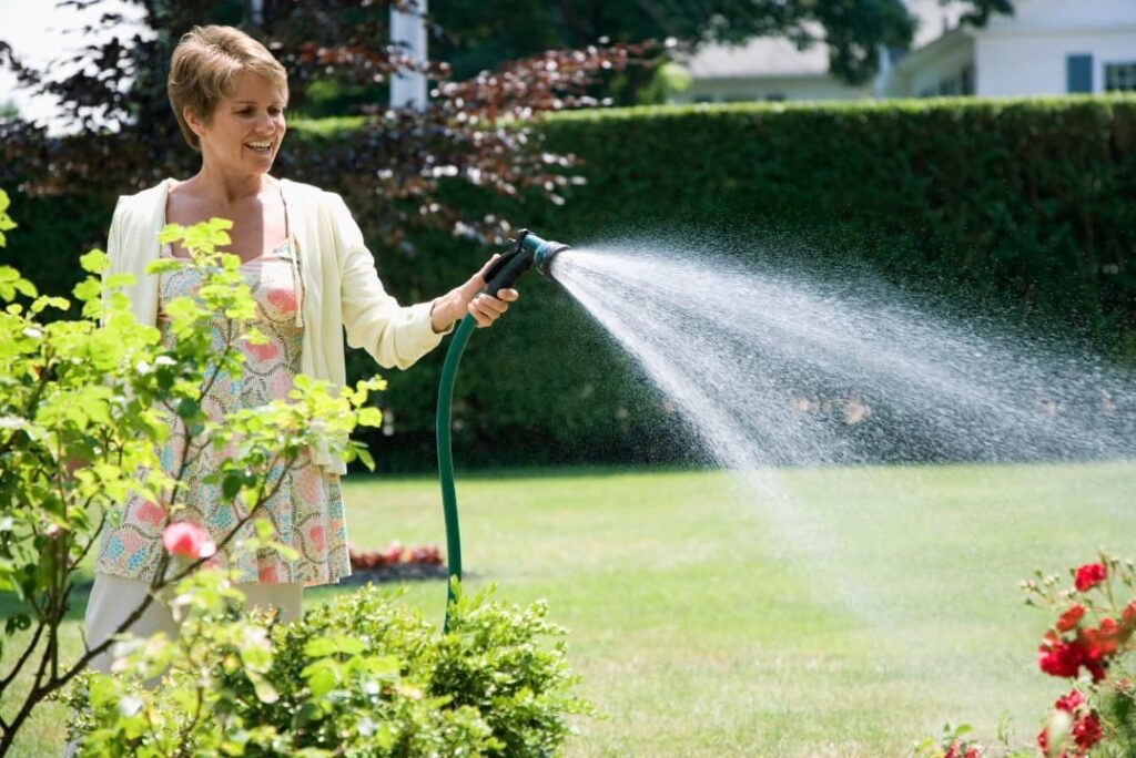 A woman watering her lawn at home