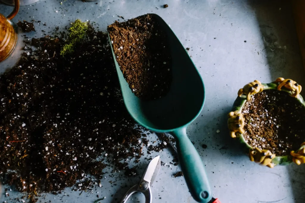 garden shovel filled with soil