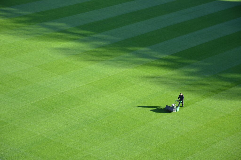 Aerial view of a guy mowing