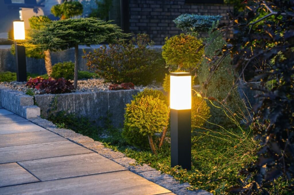 Outdoor Bollard lamp in Residential Garden in Naperville