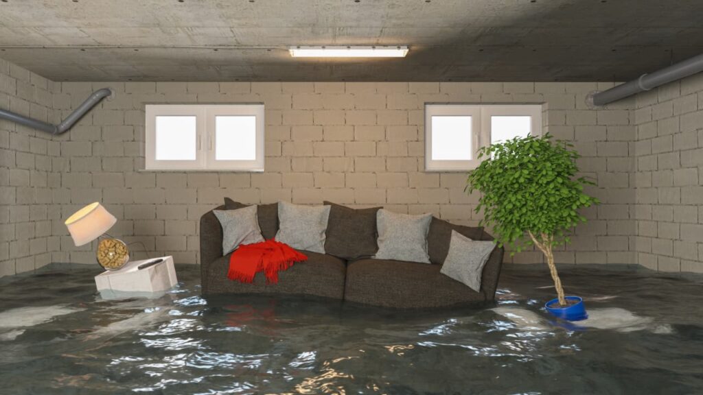 A flooded basement in a Naperville living room