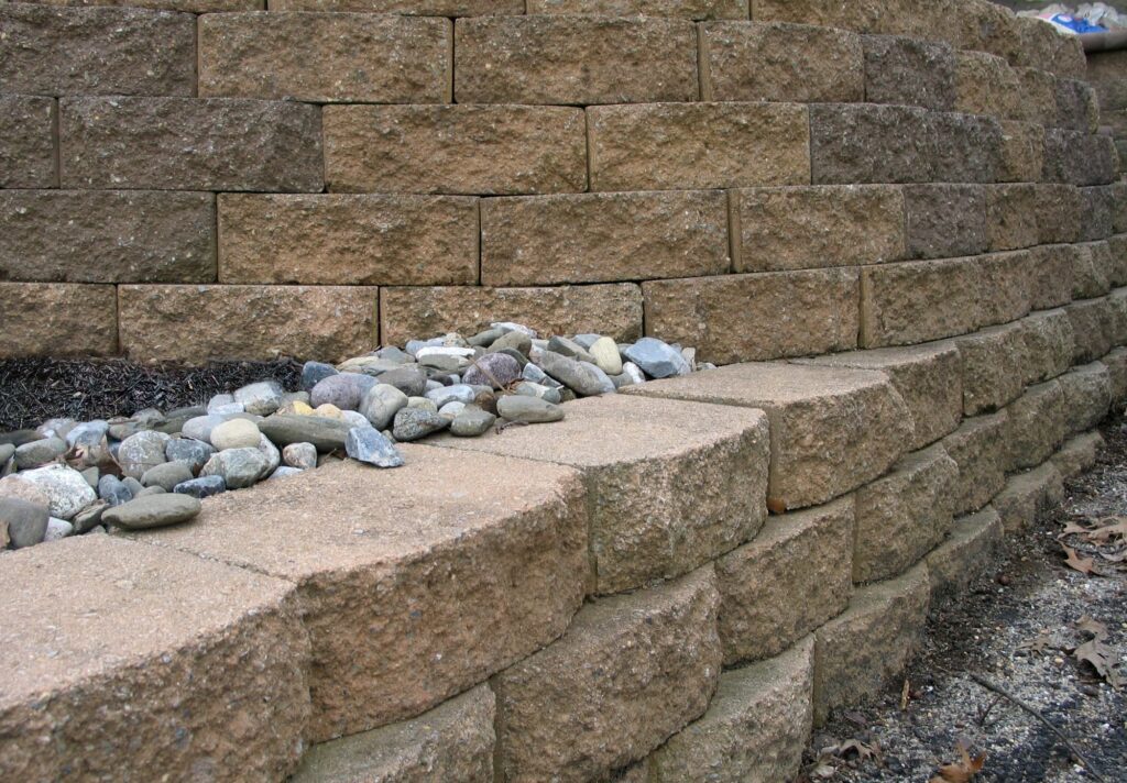 A hardscaping multi-level retaining wall with a complex design