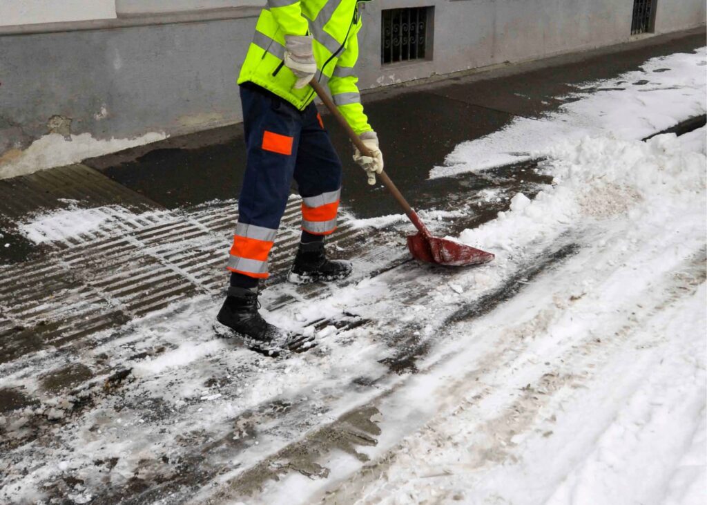 Snowplows or snow blowers are used to clear parking lots, driveways, and private properties.