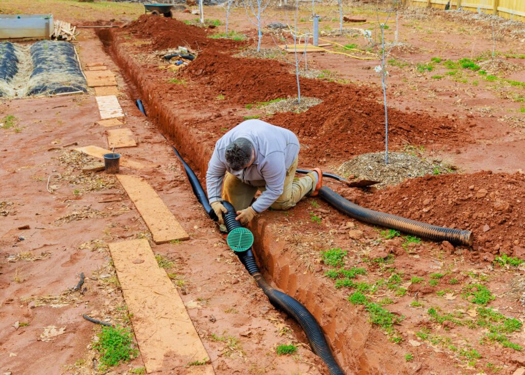 An landscaping expert inspecting the drainage problems in a yard