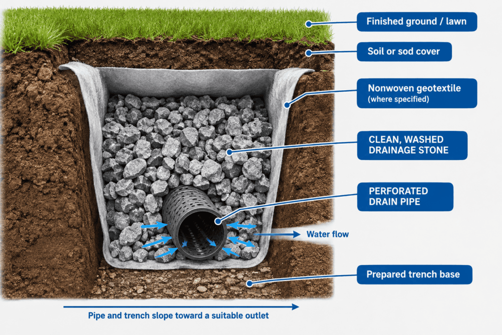 cross-section illustrates a typical buried French drain with a perforated pipe. Actual dimensions, fabric placement, pipe orientation, and materials must be selected for the site.