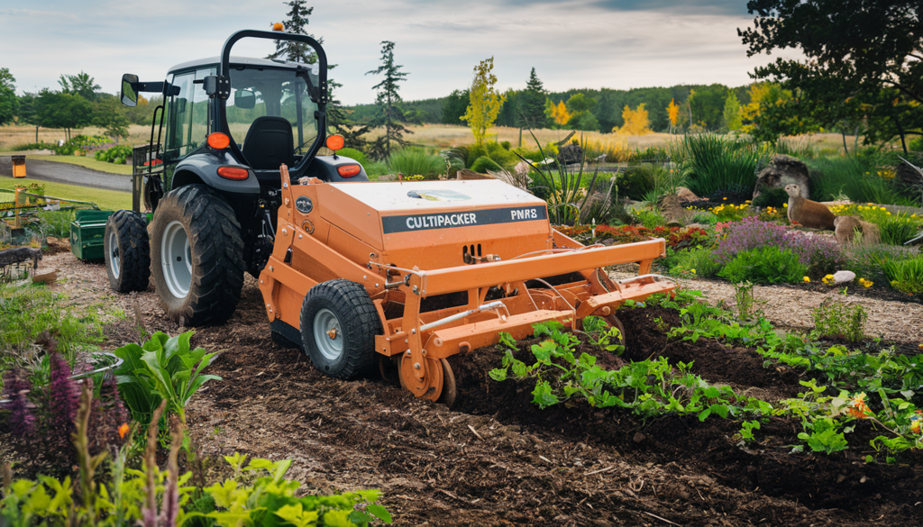 The image features a durable cultipacker, specifically a model like the PMX6HD or PMX4HD, connected to a compact tractor amidst a vibrant garden filled with native plants and wildlife.