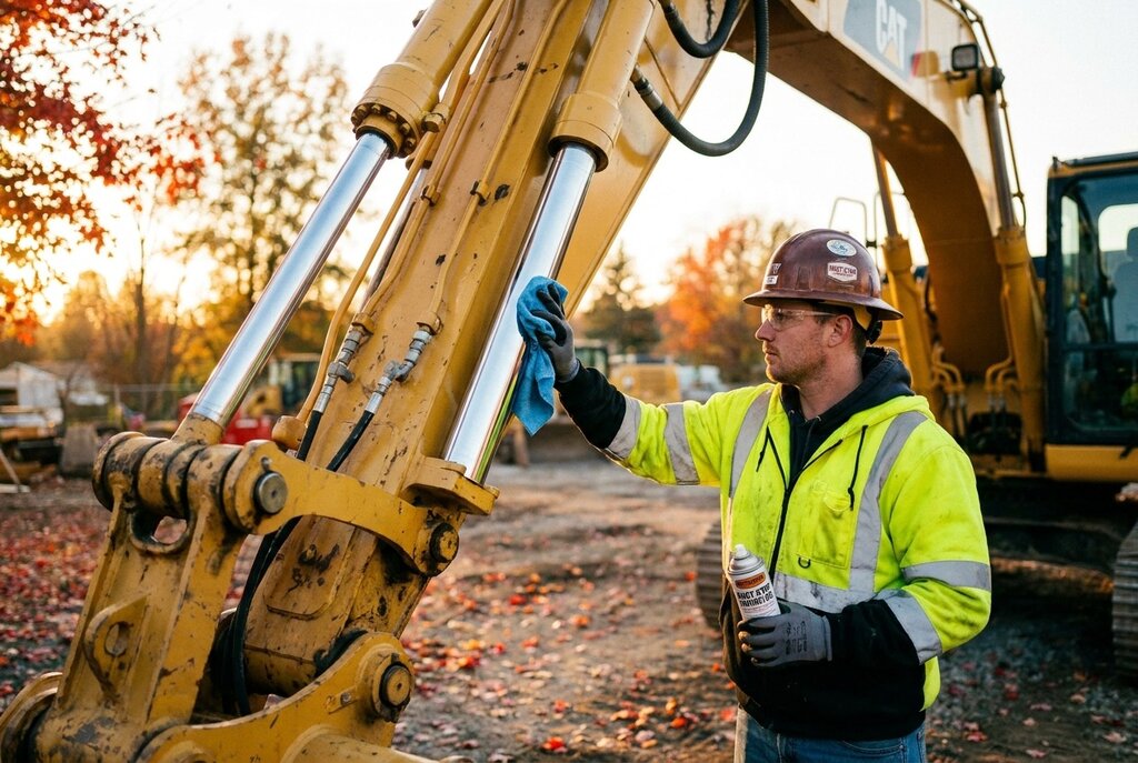 Alt text: Construction worker cleaning the excavator arm at a construction site.