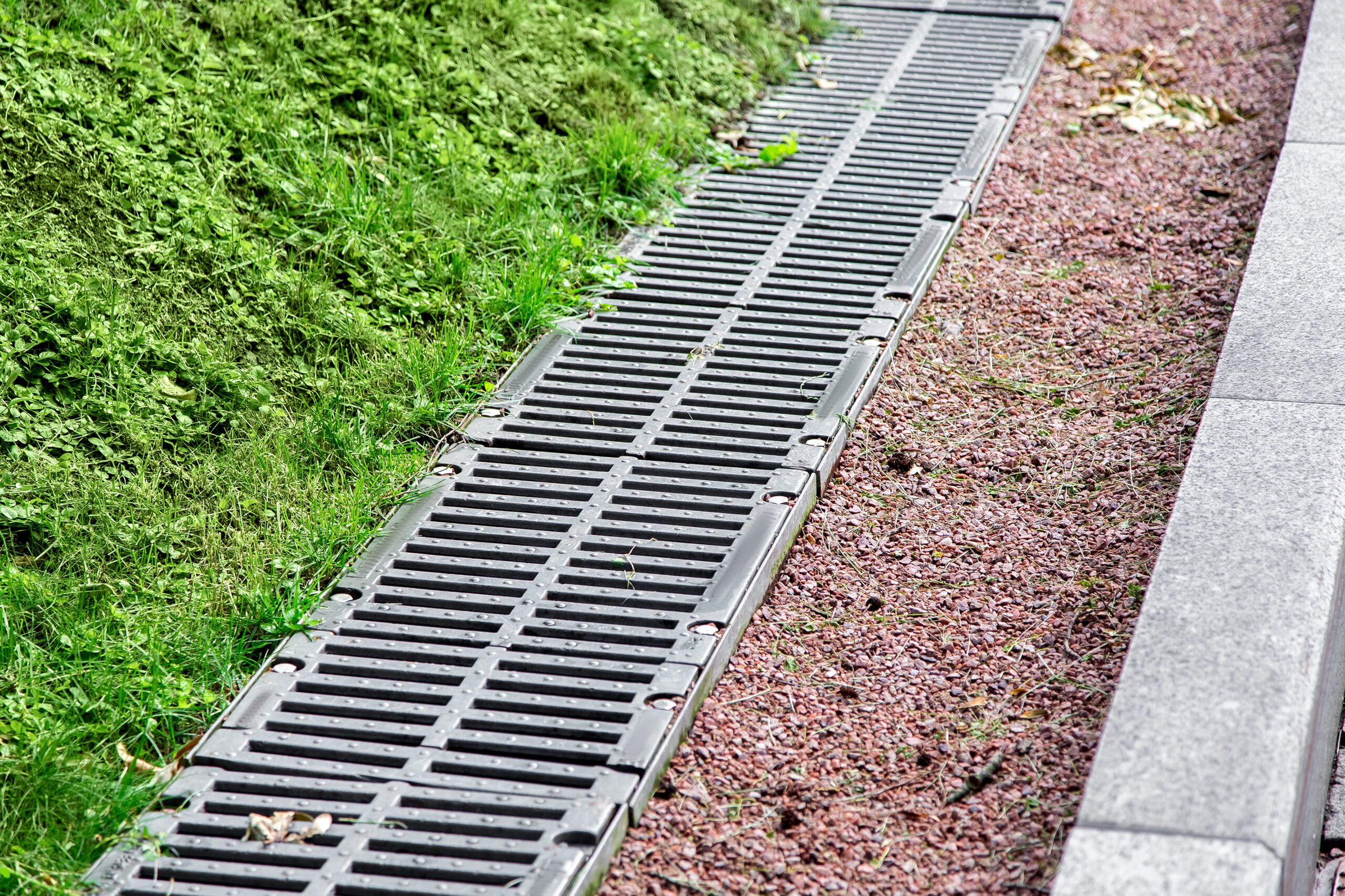 drainage-grate-between greenery and gravel